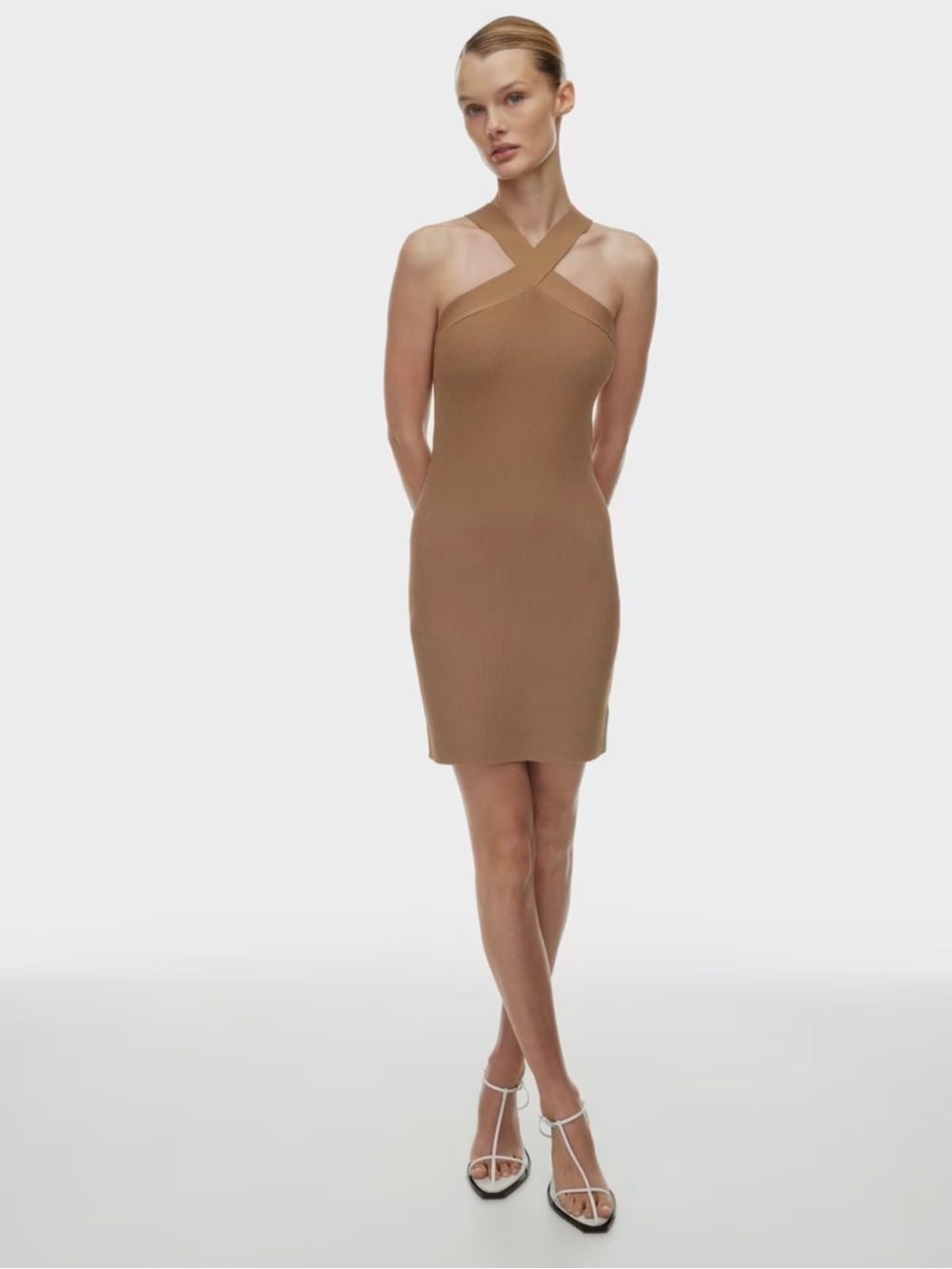 Aritzia Women’s Cross-Strap Sculpt Knit Dress in Camel- Babaton NWT